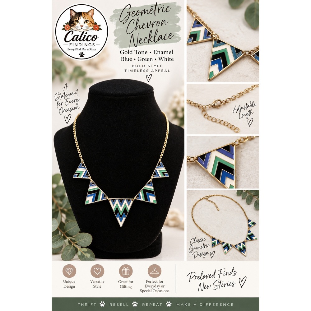 Gold Tone Enamel Geometric Chevron Bib Necklace Blue Green White Triangle